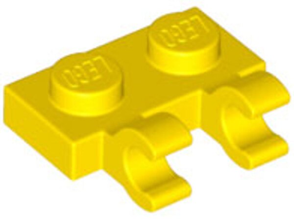 Plate, Modified 1x2 with 2 Open O Clips (Horizontal Grip) Yellow