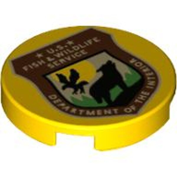 Tile, Round 2x2 with Bottom Stud Holder with Reddish Brown Shield, Black Wolf, Bird, U.S. FISH & WILDLIFE SERVICE DEPARTMENT OF THE INTERIOR Pattern Yellow