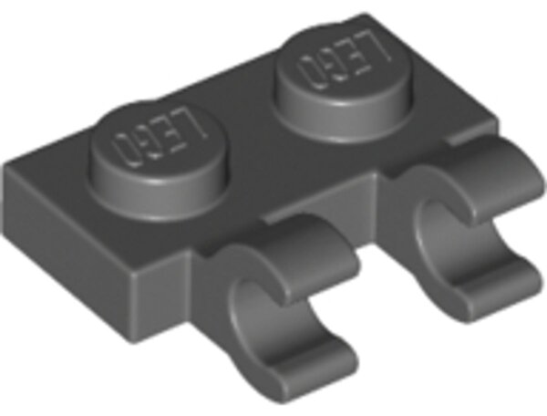 Plate, Modified 1x2 with 2 Open O Clips (Horizontal Grip) Dark Bluish Gray