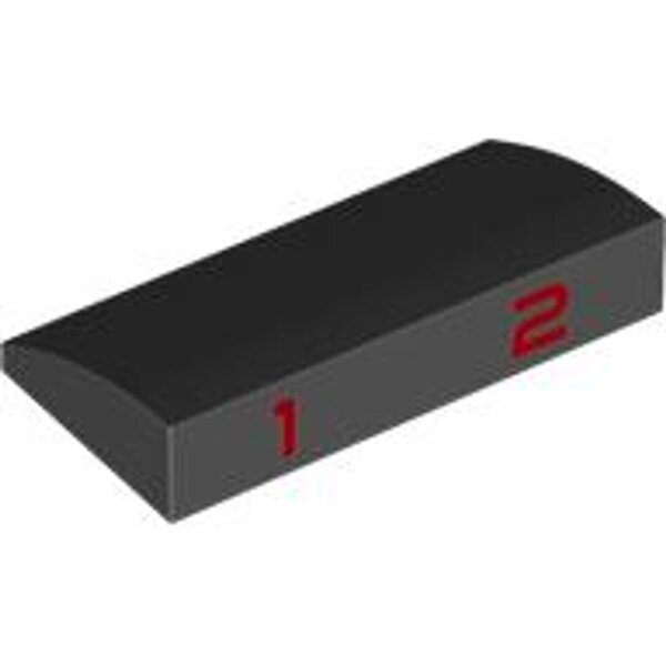 Slope, Curved 2x4x2/3 with Bottom Tubes with Red Number 1 and 2 Pattern Black