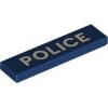 Tile 1x4 with White POLICE with Black Outline Pattern Dark Blue
