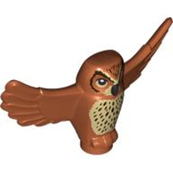 Owl, Spread Wings with Black Beak and Eyes, Tan Chest and Dark Brown Stippled Chest Feathers Pattern Dark Orange