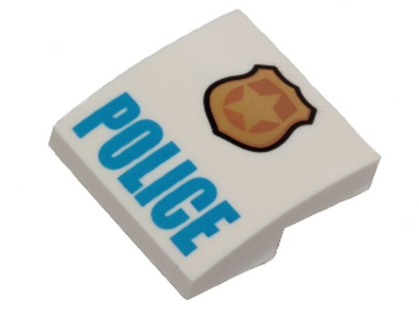 Slope, Curved 2x2x2/3 with Gold and Copper Badge with Star and Black Outline, Blue POLICE Pattern White