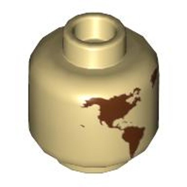 Minifigure, Head without Face with Reddish Brown Globe World Map with Japan and Hawaii Pattern - Hollow Stud Tan