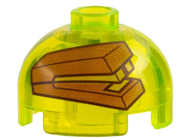 Brick, Round 2x2 Dome Top with Dark Orange Stapler in Jello Mold Pattern Trans-Neon Green