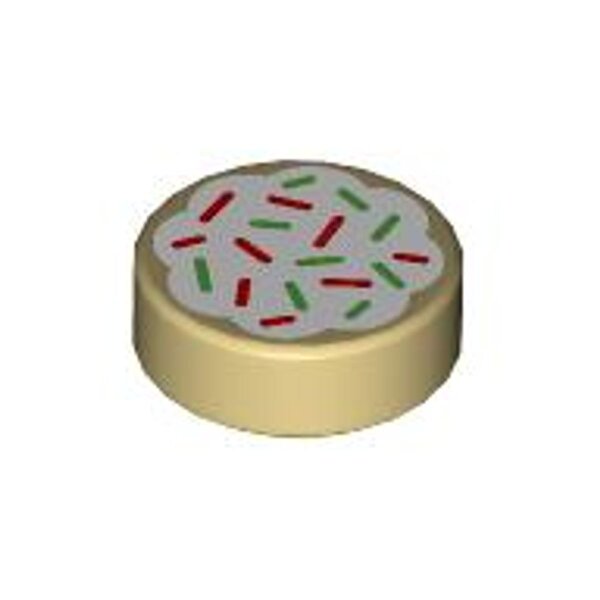 Tile, Round 1x1 with Cookie with White Frosting and Red and Green Sprinkles Pattern Tan