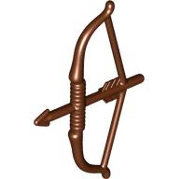 Minifigure, Weapon Bow, Recurve with Round Limbs, Arrow Drawn Reddish Brown
