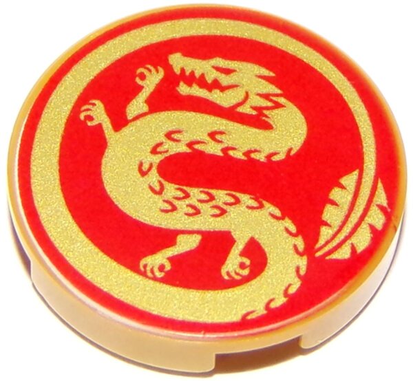 Tile, Round 2x2 with Bottom Stud Holder with Gold Dragon on Red Background Pattern Pearl Gold