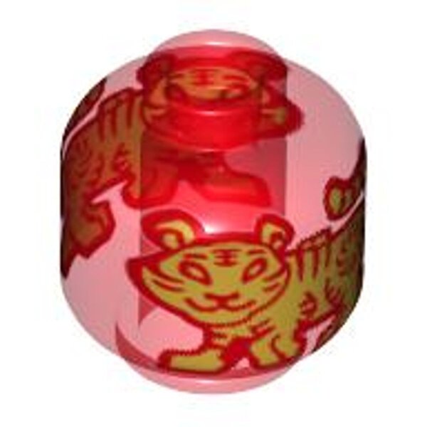 Minifigure, Head without Face with Gold Tiger Pattern on Both Sides - Vented Stud Trans-Red