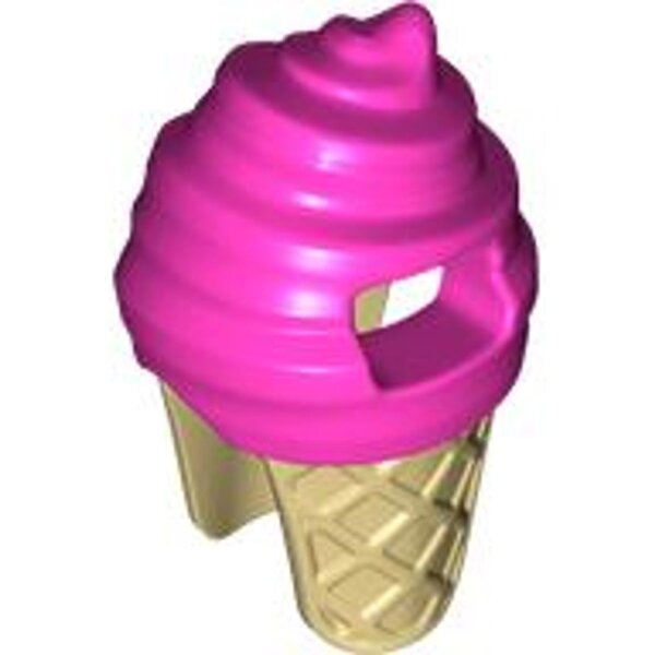 Minifigure, Headgear Head Cover, Costume Ice Cream with Molded Tan Cone Pattern Dark Pink