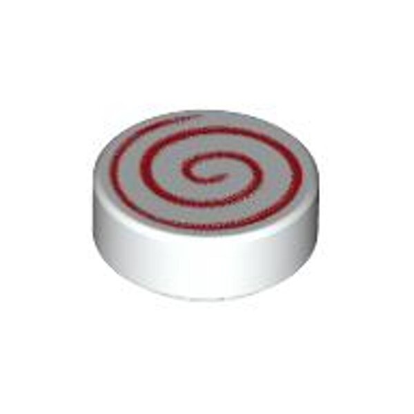 Tile, Round 1x1 with Red Spiral Pattern White