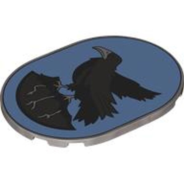Tile, Round 6x8 Oval with Ravenclaw Crest with Black and Pearl Dark Gray Eagle and Rock with Roots on Medium Blue Background Pattern Flat Silver