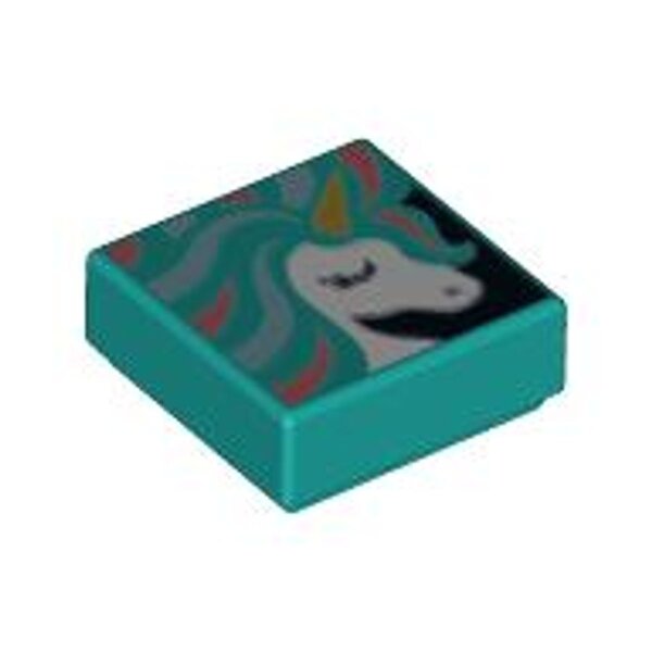 Tile 1x1 with White Unicorn Head, Gold Horn, and Metallic Light Blue and Coral Mane Pattern Dark Turquoise