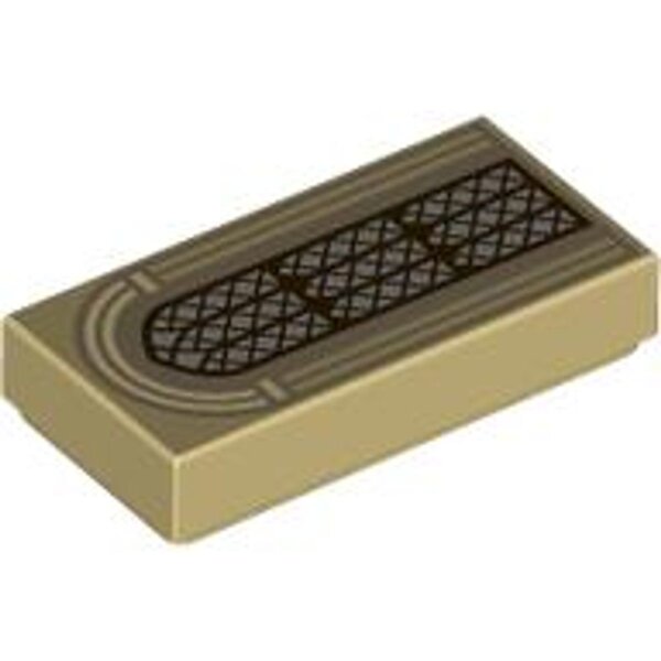 Tile 1x2 with Silver Arched Window with Dark Brown Lattice and Dark Tan Arches Pattern Tan