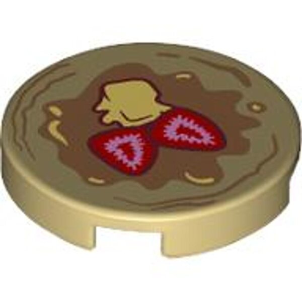 Tile, Round 2x2 with Bottom Stud Holder with Pancake with Strawberries and Butter Pattern Tan
