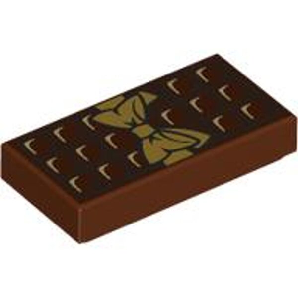 Tile 1x2 with Candy Bar Chocolate Blocks and Gold Bow Pattern Reddish Brown