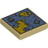 Tile 2x2 with Map Blue Water, Yellow Land, Black Pirate Ship, Compass Rose, White Skeleton Head and Red X Pattern Tan