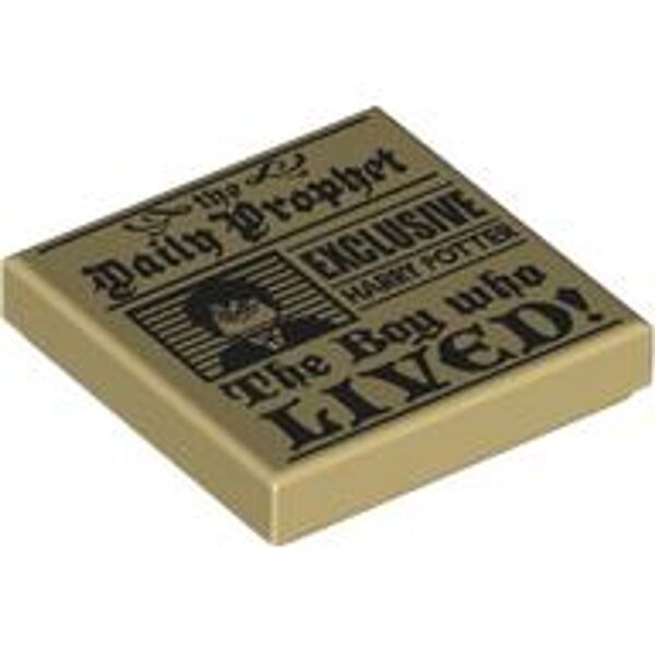 Tile 2x2 with Newspaper, the Daily Prophet, EXCLUSIVE HARRY POTTER, The Boy who LIVED!, and Image of Boy with Glasses Pattern Tan