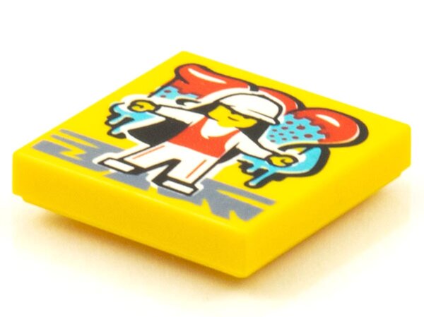 Tile 2x2 with BeatBit Album Cover - Minifigure in White Cap and Red Tank Top Pattern Yellow
