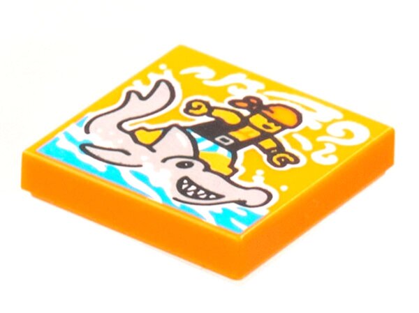 Tile 2x2 with BeatBit Album Cover - Pirate Surfing on Hammerhead Shark Pattern Orange