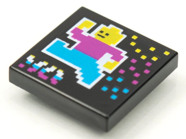 Tile 2x2 with BeatBit Album Cover - Pixelated Minifigure and Squares Pattern Black