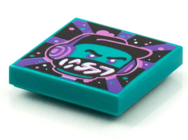 Tile 2x2 with BeatBit Album Cover - Dark Turquoise Minifigure, Black Hat and Dark Purple Headphones Pattern Dark Turquoise