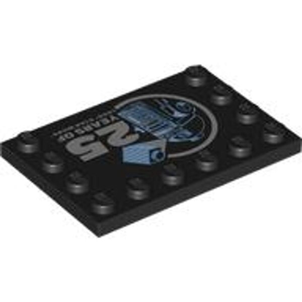 Tile, Modified 4x6 with Studs on Edges with Bright Light Blue and Medium Blue R2-D2 Minifigure and Silver 25 YEARS OF LEGO STAR WARS Pattern Black