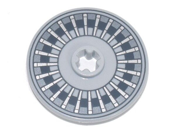 Technic, Disk 3x3 with Black and Dark Bluish Gray Circles with Silver Spokes Pattern Light Bluish Gray