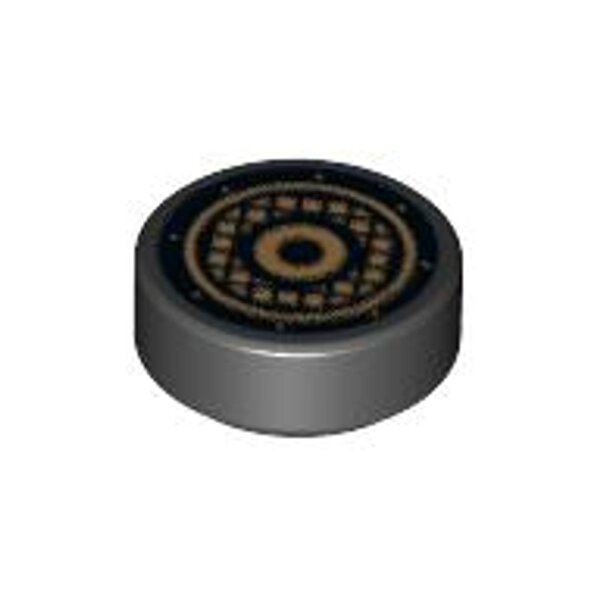 Tile, Round 1x1 with Gold Concentric Circles and Speaker Grille Pattern Black
