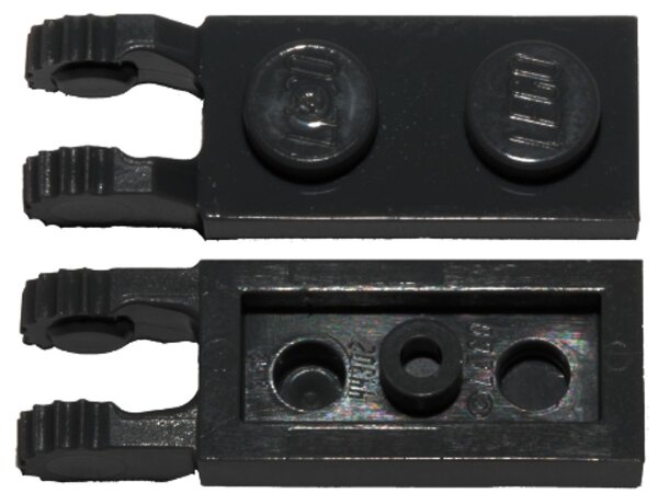 Hinge Plate 1x2 Locking with 2 Fingers on End and 9 Teeth without Bottom Groove Black