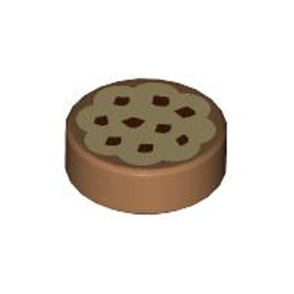 Tile, Round 1x1 with Cookie with Tan Frosting and Reddish Brown Chocolate Sprinkles Pattern Medium Nougat