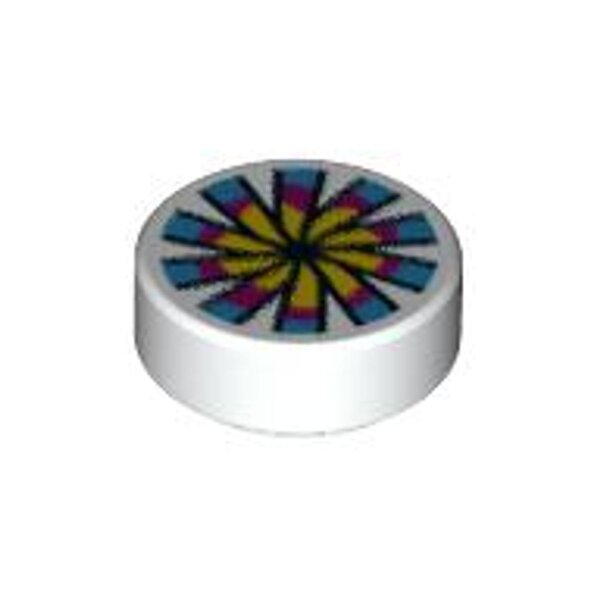 Tile, Round 1x1 with Yellow, Magenta and Dark Azure Flower and Chinese Pellet Drum Pattern White