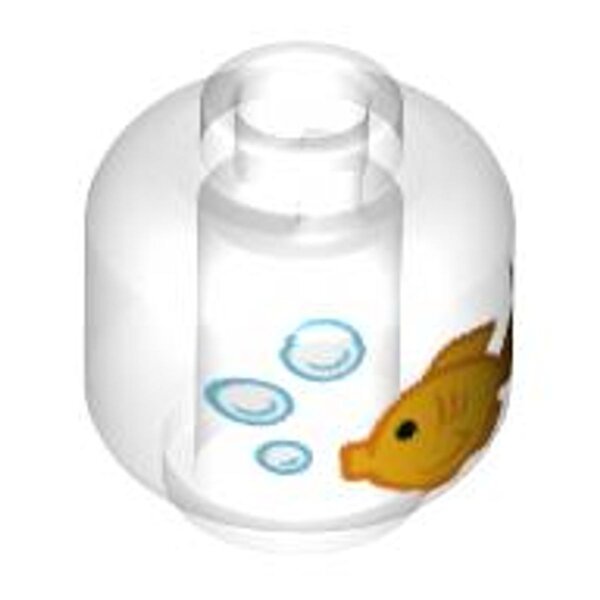 Minifigure, Head without Face with Yellow Fish and White Bubbles Pattern - Vented Stud Trans-Clear