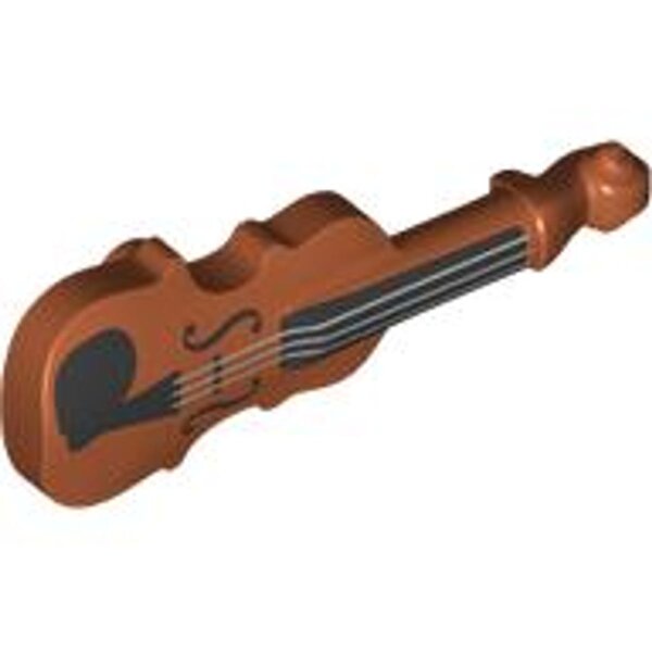 Minifigure, Utensil Musical Instrument, Violin with Silver Strings and Black Fingerboard, F-holes, and Chin Rest Pattern Dark Orange