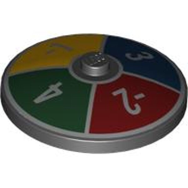 Dish 4x4 Inverted (Radar) with Solid Stud with Silver Number -1, -2, 3 and 4 on Dark Blue, Dark Green, Dark Red and Yellow Background Pattern (Game Spinner) Black