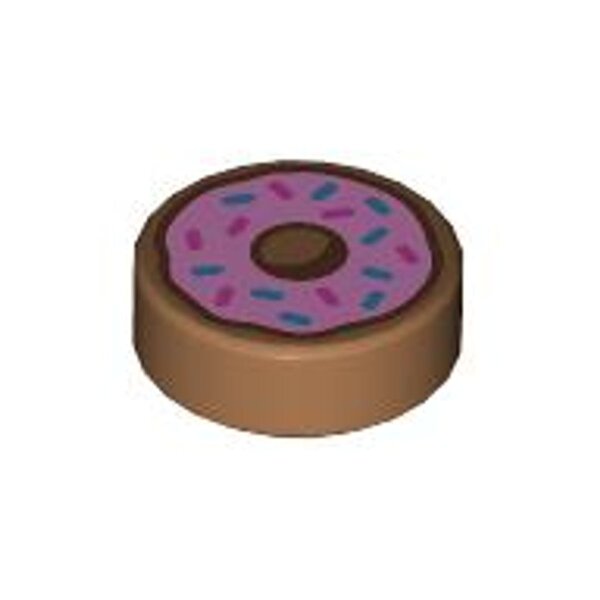 Tile, Round 1x1 with Donut / Doughnut with Bright Pink Frosting and Dark Azure and Dark Pink Sprinkles Pattern Medium Nougat