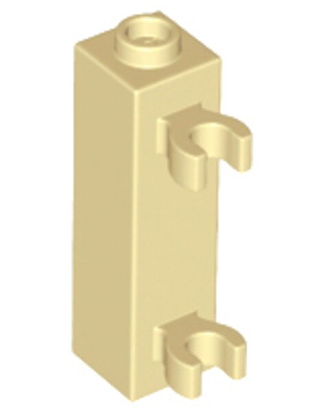 Brick, Modified 1x1x3 with 2 Clips (Vertical Grip) - Hollow Stud Tan