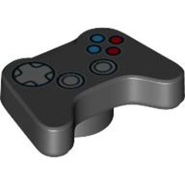 Minifigure, Utensil Video Game Controller with Silver Directional Pad and Thumbsticks, Blue and Red Buttons Pattern Black