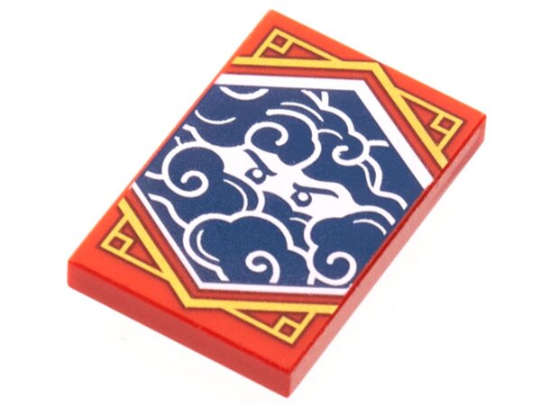 Tile 2x3 with White Stern Eyes and Clouds on Dark Blue Background with Gold Trim Pattern (Ninjago Stealth Banner) Red