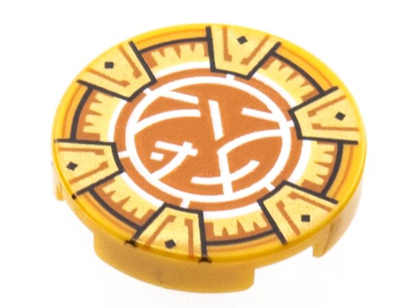 Tile, Round 2x2 with Bottom Stud Holder with Gold Frame with 6 Chevrons, Dark Orange and White Core Logo Pattern Pearl Gold