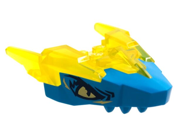 Dragon Head (Ninjago) Jaw Upper with Horns with Molded Dark Azure Face and Printed Bright Light Yellow Eyes and Dark Blue Highlights Pattern Trans-Yellow