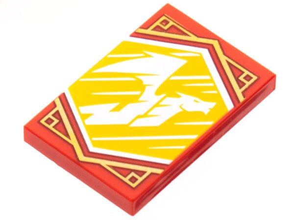 Tile 2x3 with White Dragon Flying on Bright Light Orange Background with Gold Trim Pattern (Ninjago Speed Banner) Red